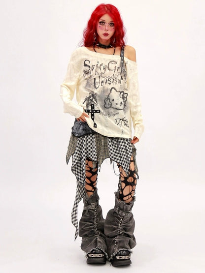 NANAICHILLI Breathable Printed Loose Fit Slanted Neck Women Almond Gray Long Sleeve T-Shirt