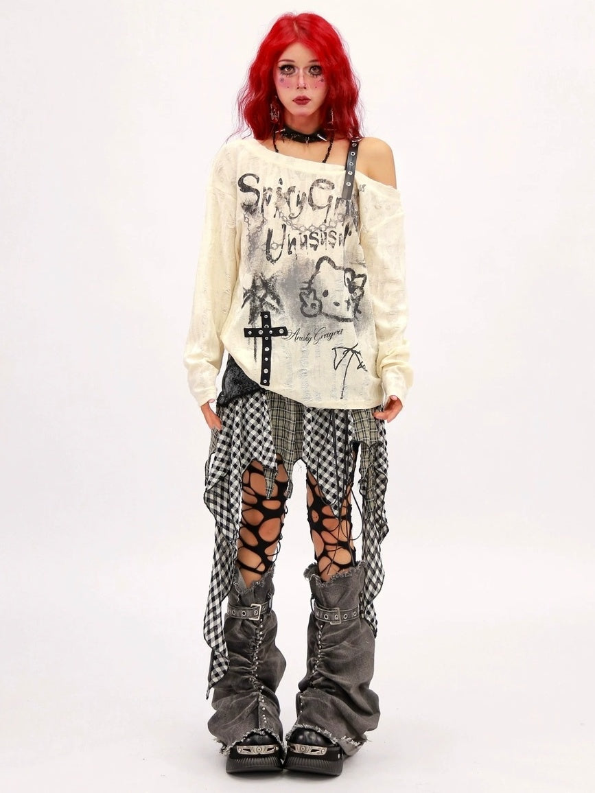 NANAICHILLI Breathable Printed Loose Fit Slanted Neck Women Almond Gray Long Sleeve T-Shirt