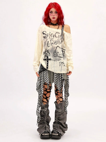 NANAICHILLI Breathable Printed Loose Fit Slanted Neck Women Almond Gray Long Sleeve T-Shirt