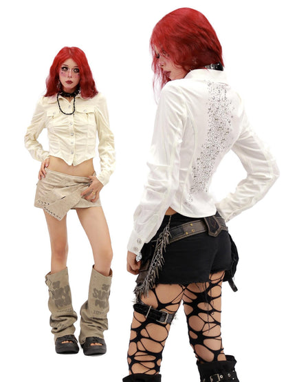 NANAICHILLI Breathable Sexy Slim Cropped Lapel Button Solid Polyester Long Sleeve Shirt