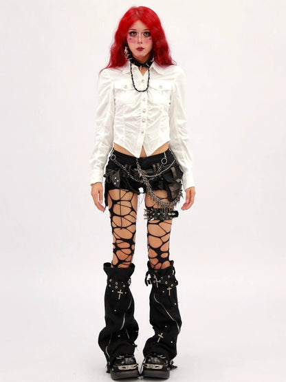 NANAICHILLI Breathable Sexy Slim Cropped Lapel Button Solid Polyester Long Sleeve Shirt