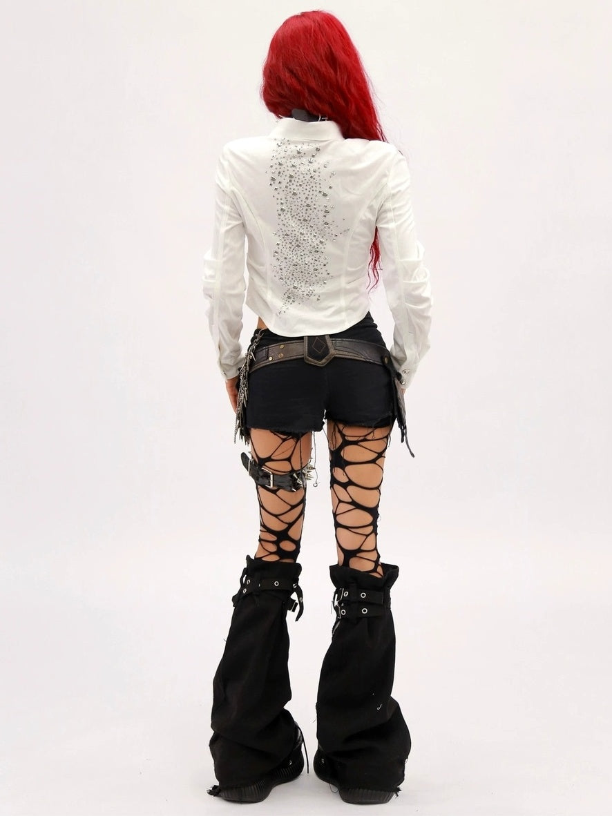 NANAICHILLI Breathable Sexy Slim Cropped Lapel Button Solid Polyester Long Sleeve Shirt