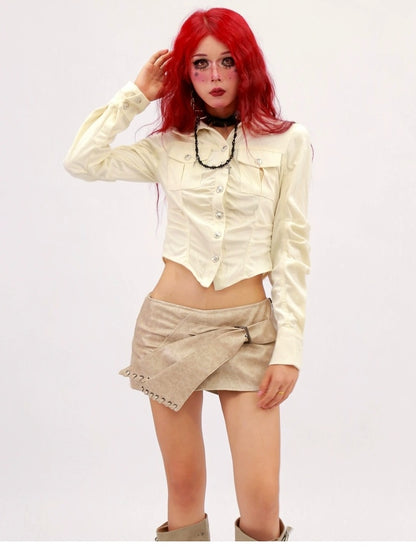 NANAICHILLI Breathable Sexy Slim Cropped Lapel Button Solid Polyester Long Sleeve Shirt