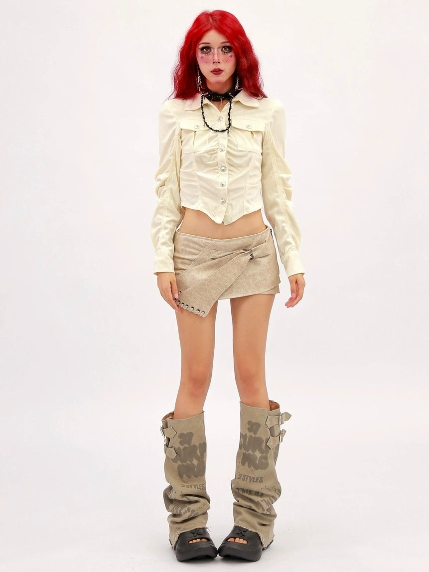 NANAICHILLI Breathable Sexy Slim Cropped Lapel Button Solid Polyester Long Sleeve Shirt