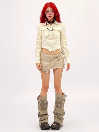 NANAICHILLI Breathable Sexy Slim Cropped Lapel Button Solid Polyester Long Sleeve Shirt