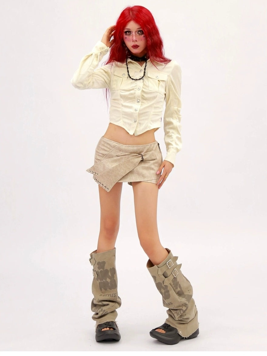 NANAICHILLI Breathable Sexy Slim Cropped Lapel Button Solid Polyester Long Sleeve Shirt