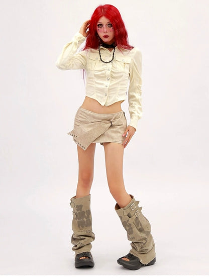 NANAICHILLI Breathable Sexy Slim Cropped Lapel Button Solid Polyester Long Sleeve Shirt