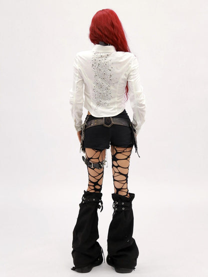 NANAICHILLI Breathable Sexy Slim Cropped Lapel Button Solid Polyester Long Sleeve Shirt