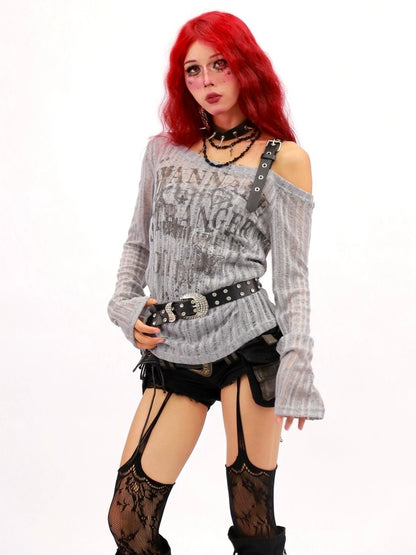 NANAICHILLI Breathable Wrinkle Free Sexy Printed Slim Fit Women Grey Long Sleeve T-Shirt