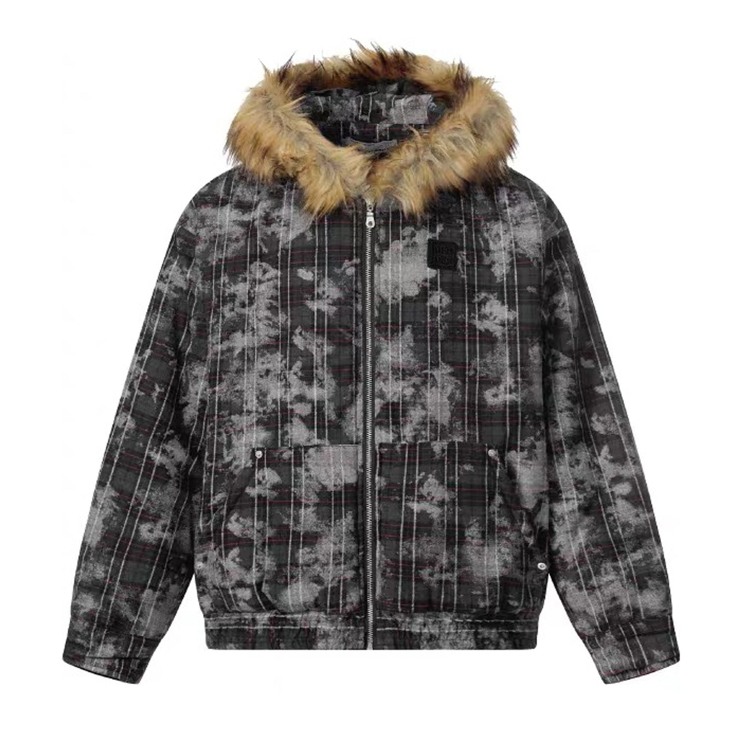 NANAICHILLI_Camo_Plaid_Fur_Collar_Hooded_Loose_Fit_Women&