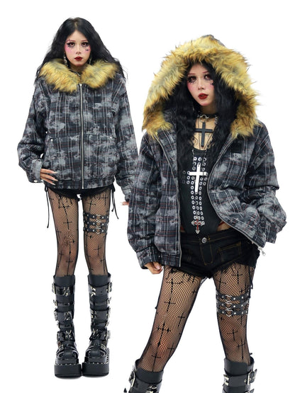 NANAICHILLI Camo Plaid Fur Collar Hooded Loose Fit Women&