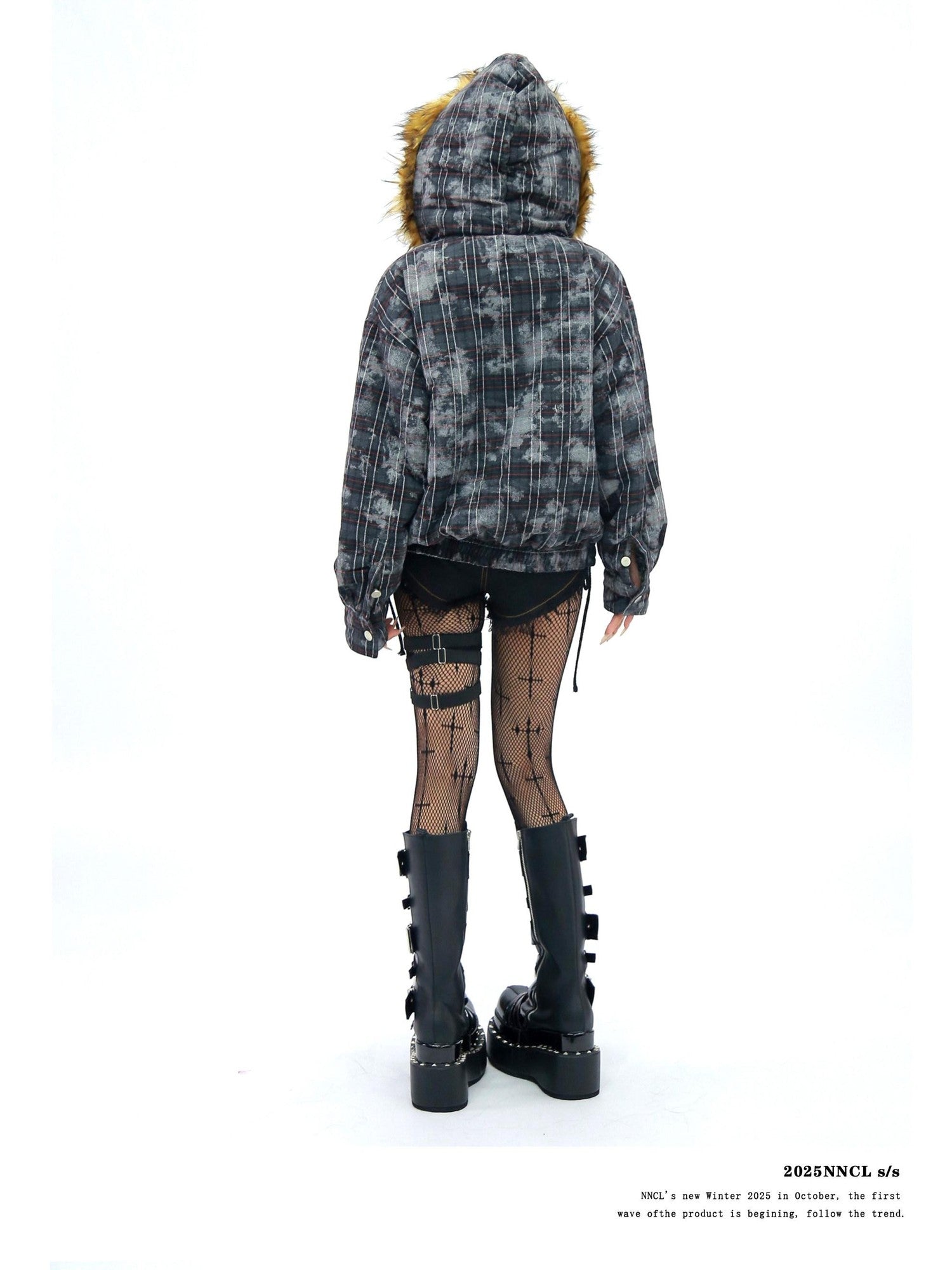 NANAICHILLI Camo Plaid Fur Collar Hooded Loose Fit Women&