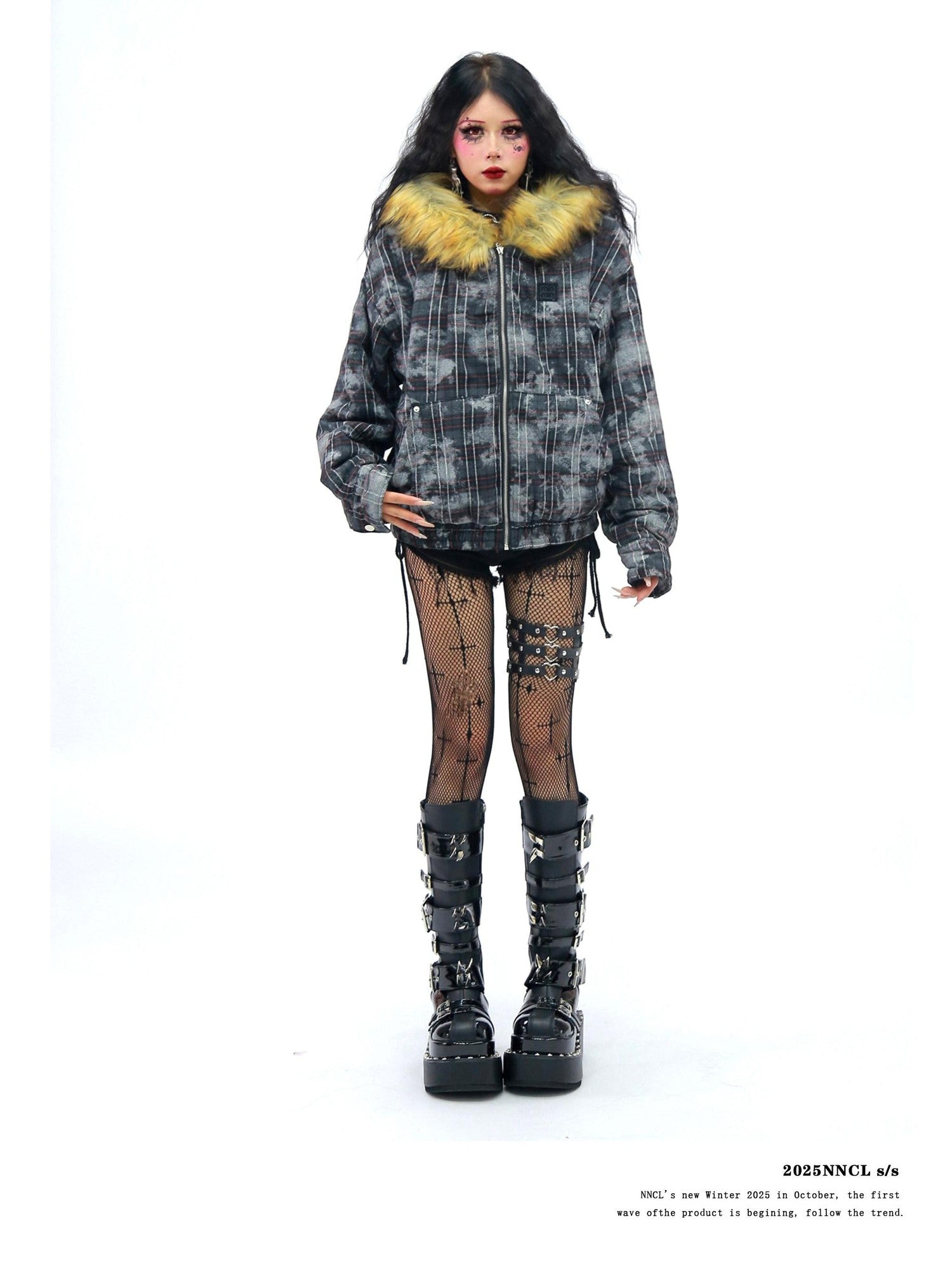 NANAICHILLI Camo Plaid Fur Collar Hooded Loose Fit Women&