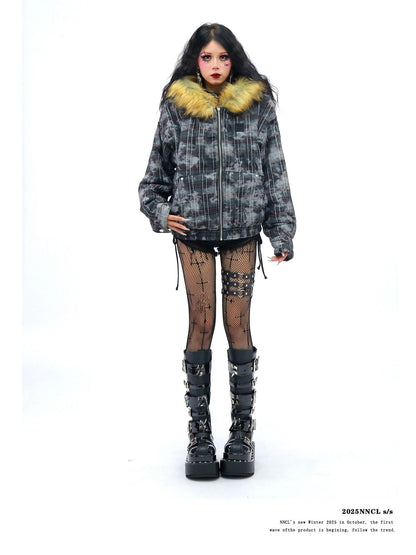 NANAICHILLI Camo Plaid Fur Collar Hooded Loose Fit Women&