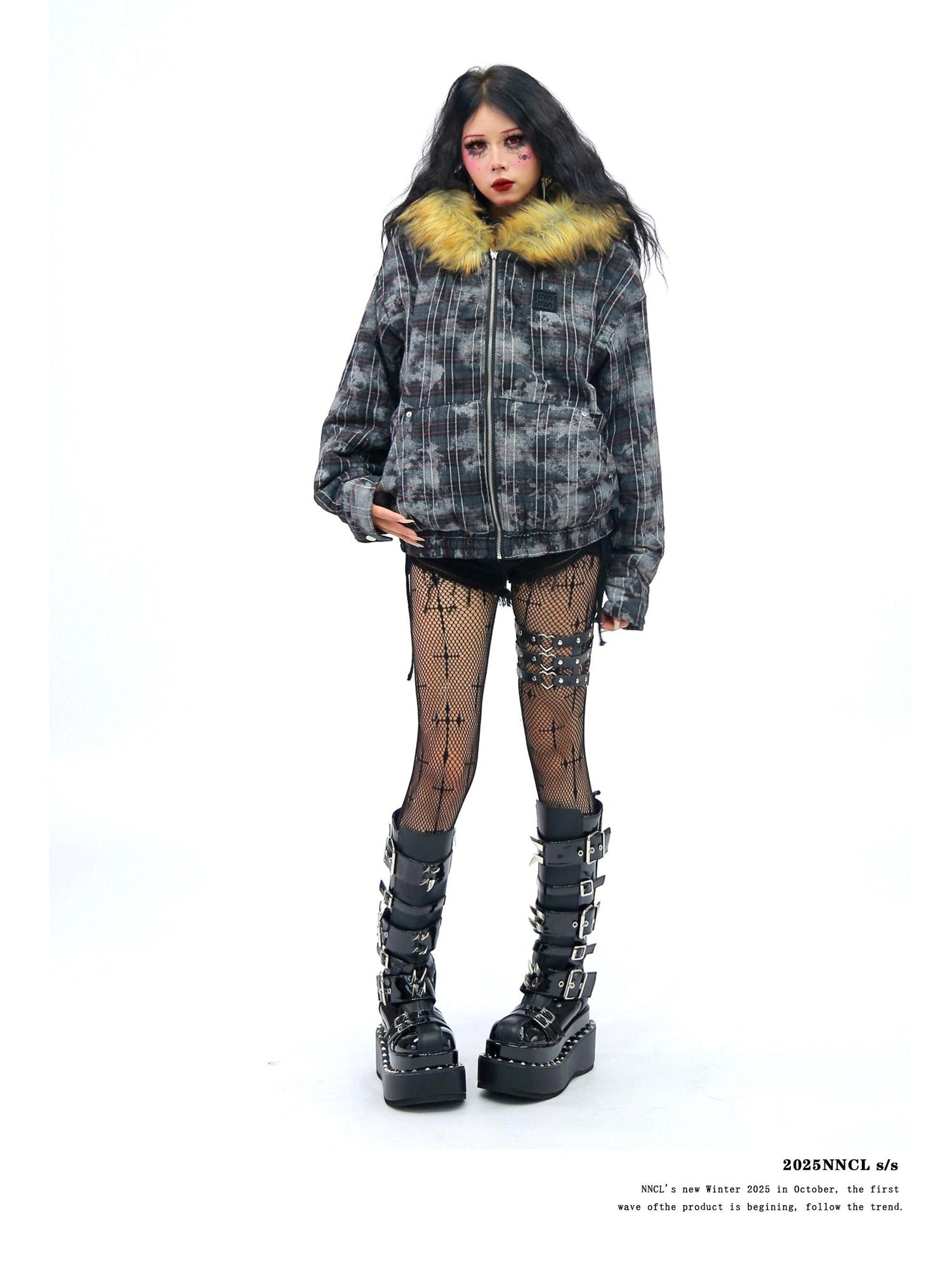 NANAICHILLI Camo Plaid Fur Collar Hooded Loose Fit Women&