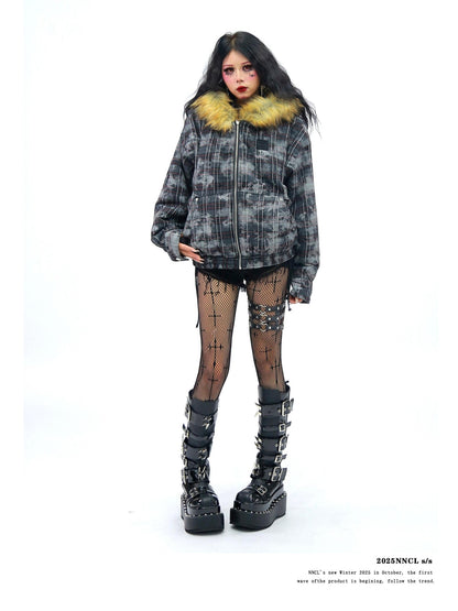 NANAICHILLI Camo Plaid Fur Collar Hooded Loose Fit Women&