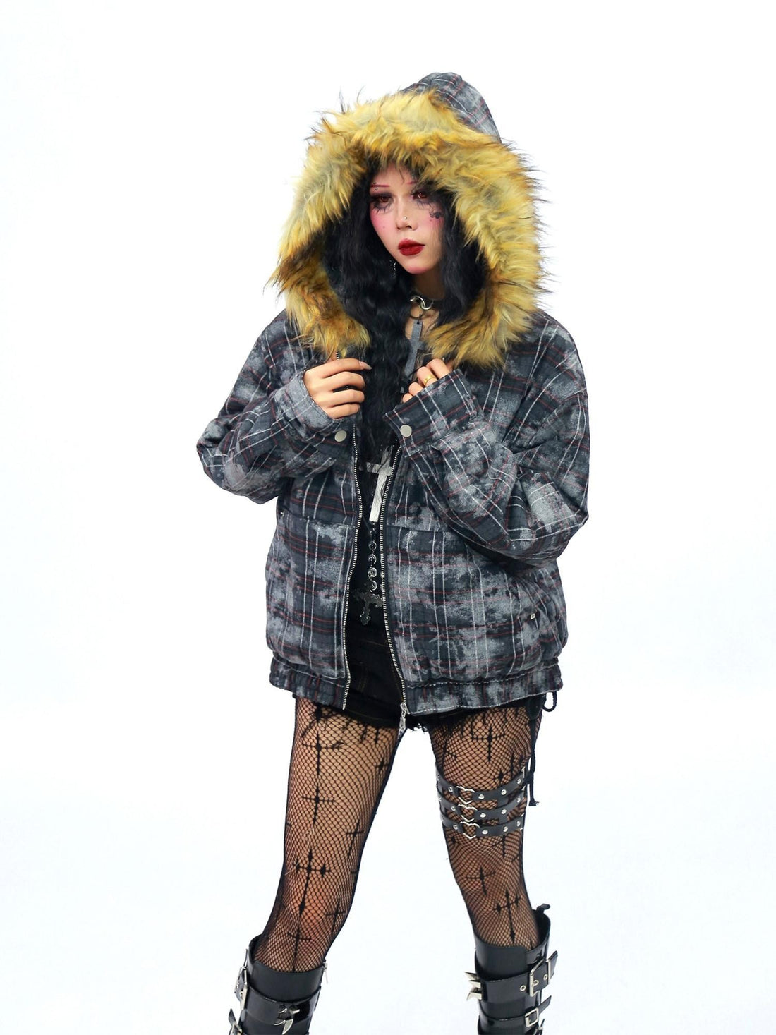 NANAICHILLI Camo Plaid Fur Collar Hooded Loose Fit Women&