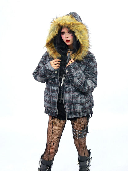NANAICHILLI Camo Plaid Fur Collar Hooded Loose Fit Women&