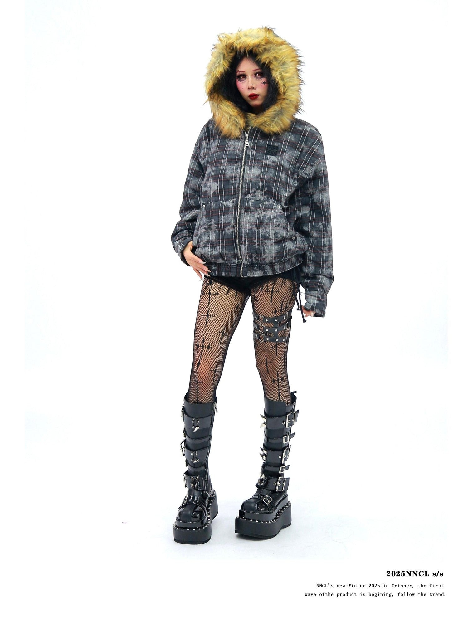 NANAICHILLI Camo Plaid Fur Collar Hooded Loose Fit Women&