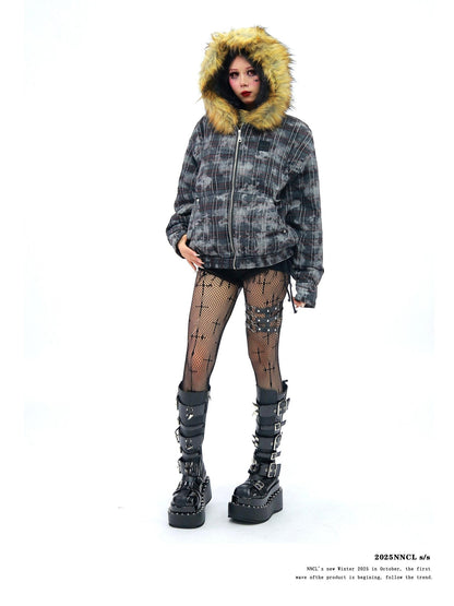 NANAICHILLI Camo Plaid Fur Collar Hooded Loose Fit Women&