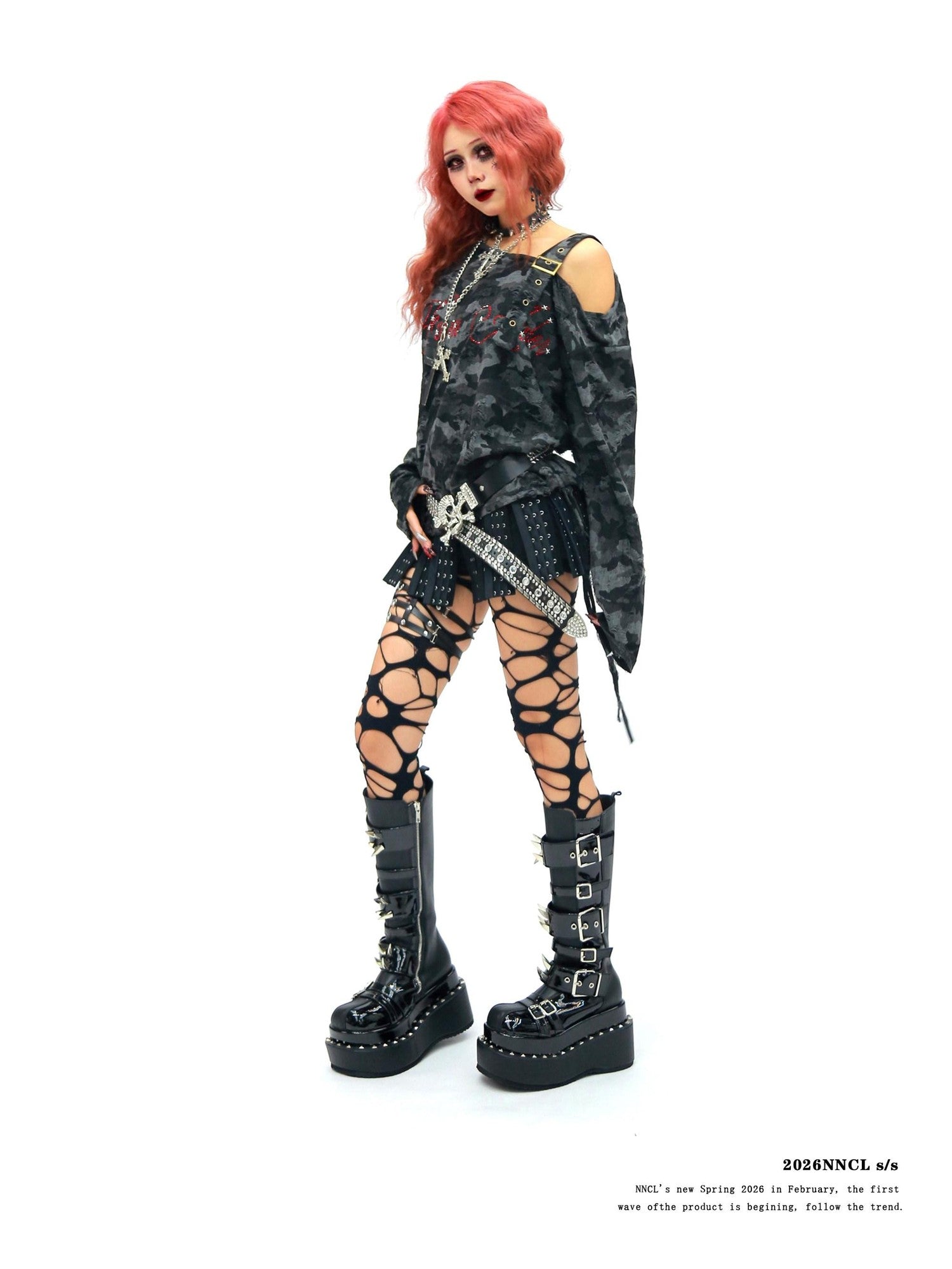 NANAICHILLI Camo Rhinestone Drawstring One Shoulder Women&