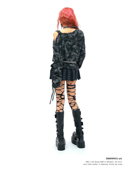 NANAICHILLI Camo Rhinestone Drawstring One Shoulder Women&