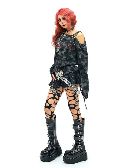 NANAICHILLI Camo Rhinestone Drawstring One Shoulder Women&