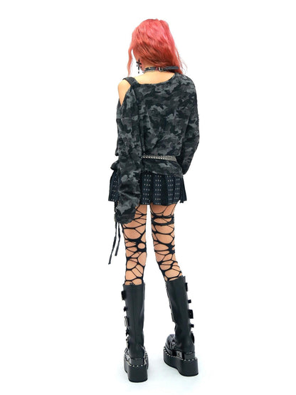 NANAICHILLI Camo Rhinestone Drawstring One Shoulder Women&