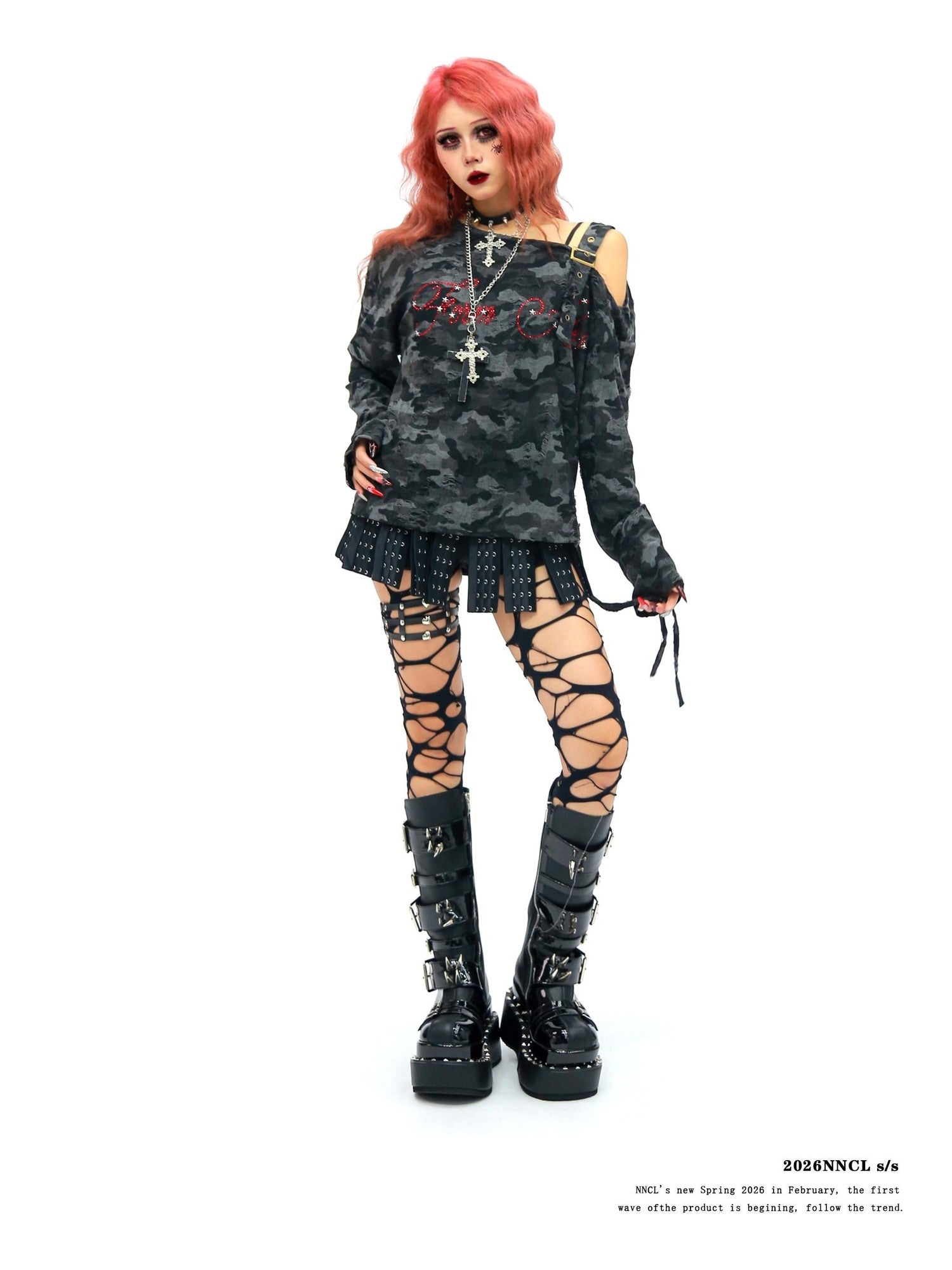 NANAICHILLI Camo Rhinestone Drawstring One Shoulder Women&