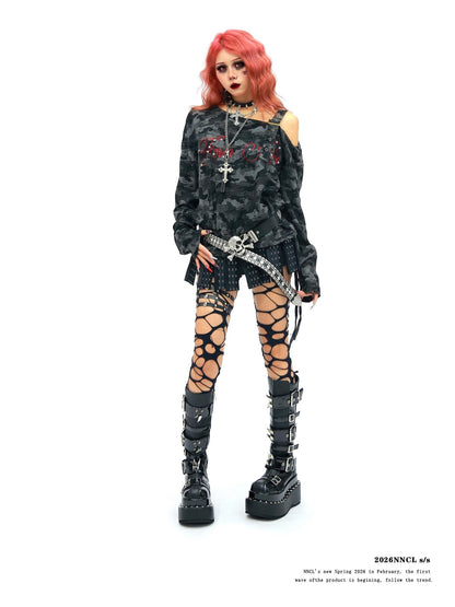 NANAICHILLI Camo Rhinestone Drawstring One Shoulder Women&