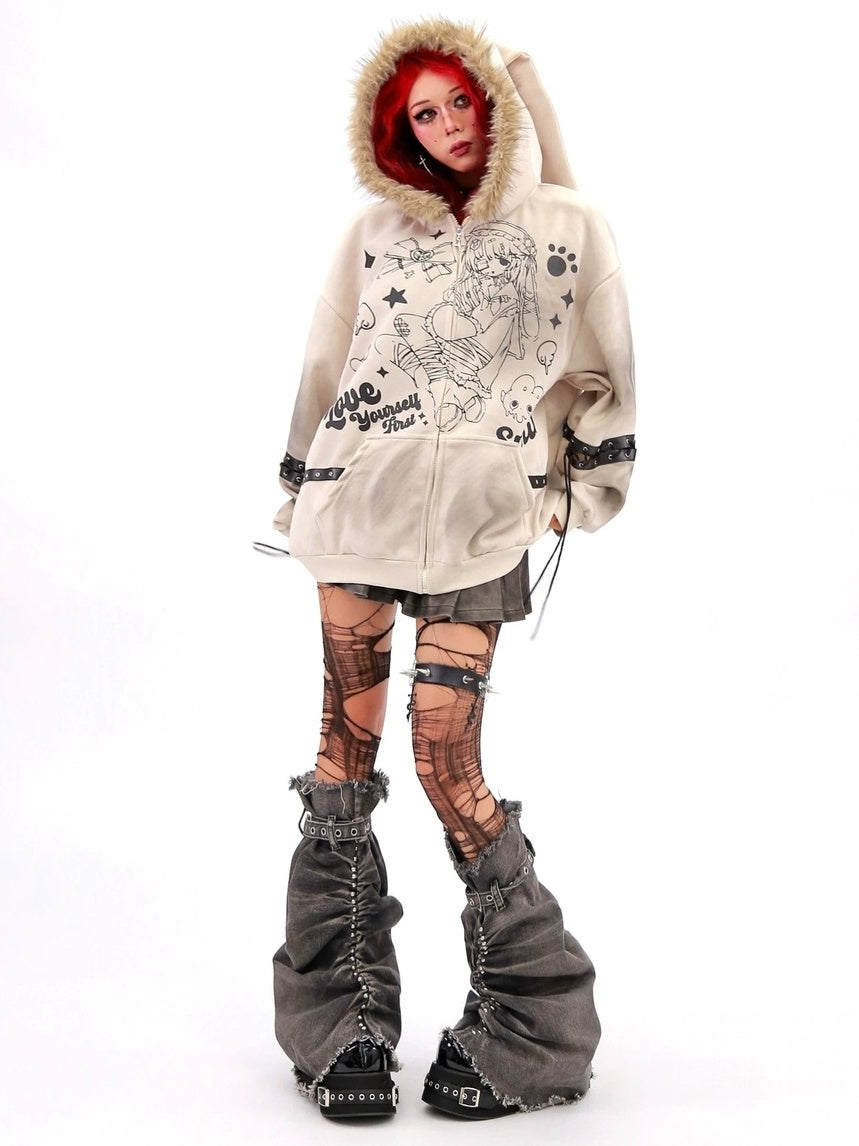 NANAICHILLI Cartoon Anime Graphic Loose Fit Zip Up Hooded Long Sleeve Streetwear Hoodies