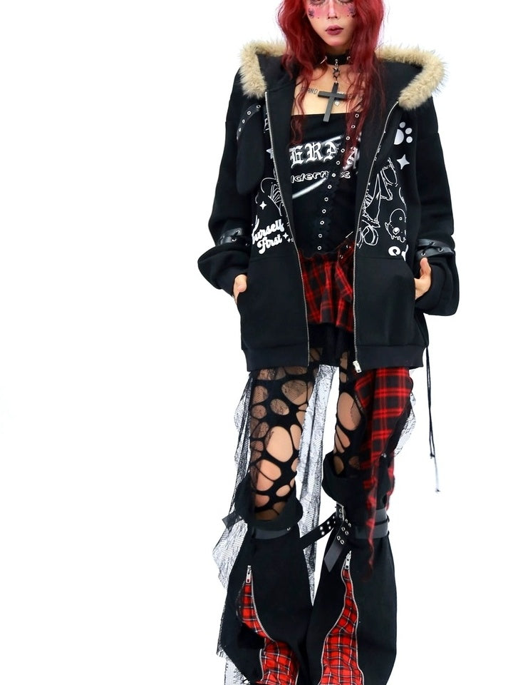 NANAICHILLI Cartoon Anime Graphic Loose Fit Zip Up Hooded Long Sleeve Streetwear Hoodies