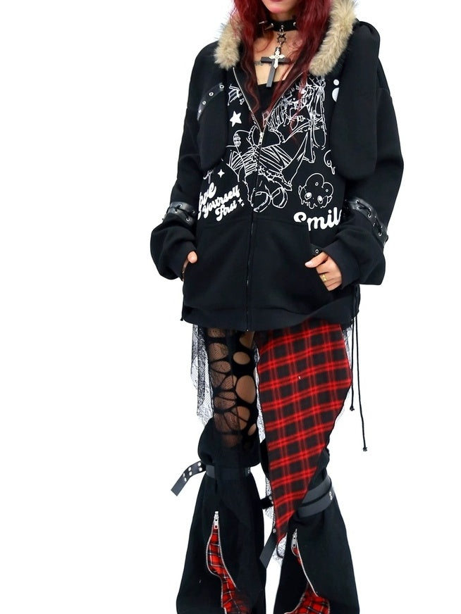 NANAICHILLI Cartoon Anime Graphic Loose Fit Zip Up Hooded Long Sleeve Streetwear Hoodies