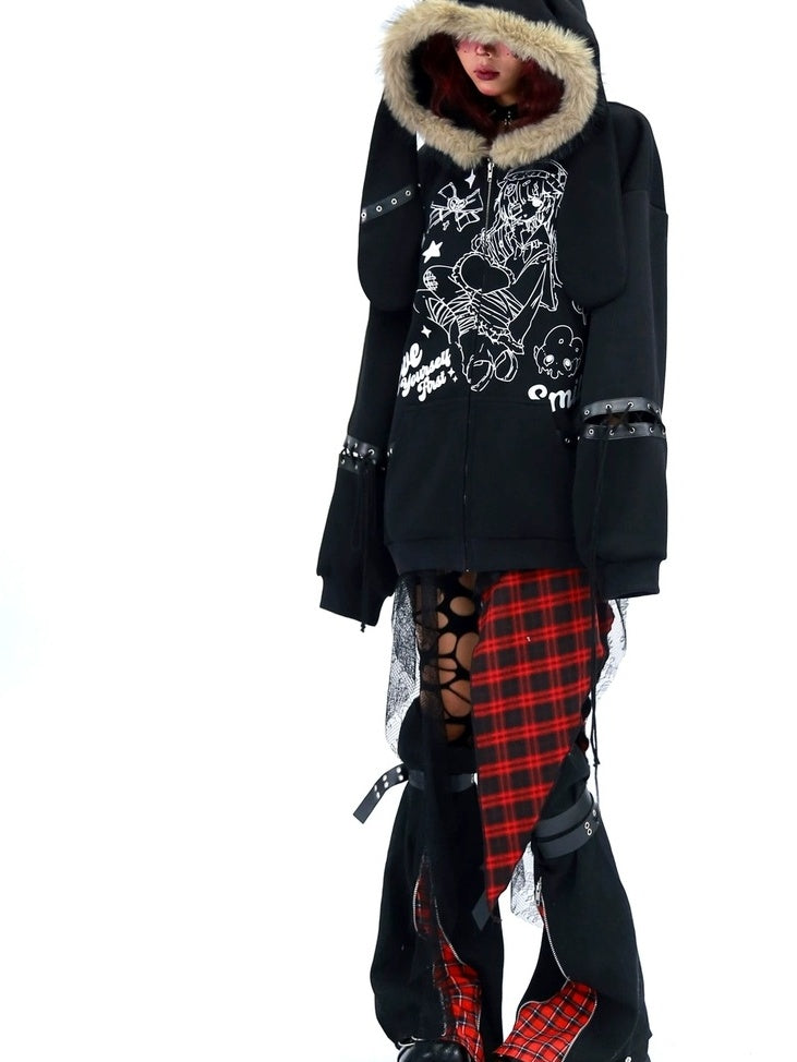 NANAICHILLI Cartoon Anime Graphic Loose Fit Zip Up Hooded Long Sleeve Streetwear Hoodies