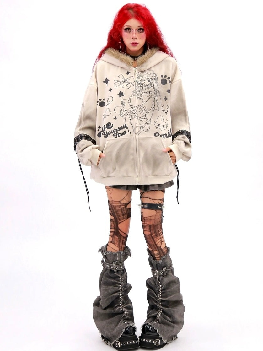 NANAICHILLI Cartoon Anime Graphic Loose Fit Zip Up Hooded Long Sleeve Streetwear Hoodies