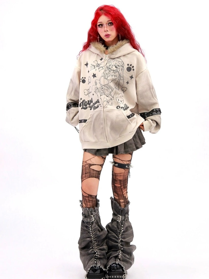 NANAICHILLI Cartoon Anime Graphic Loose Fit Zip Up Hooded Long Sleeve Streetwear Hoodies