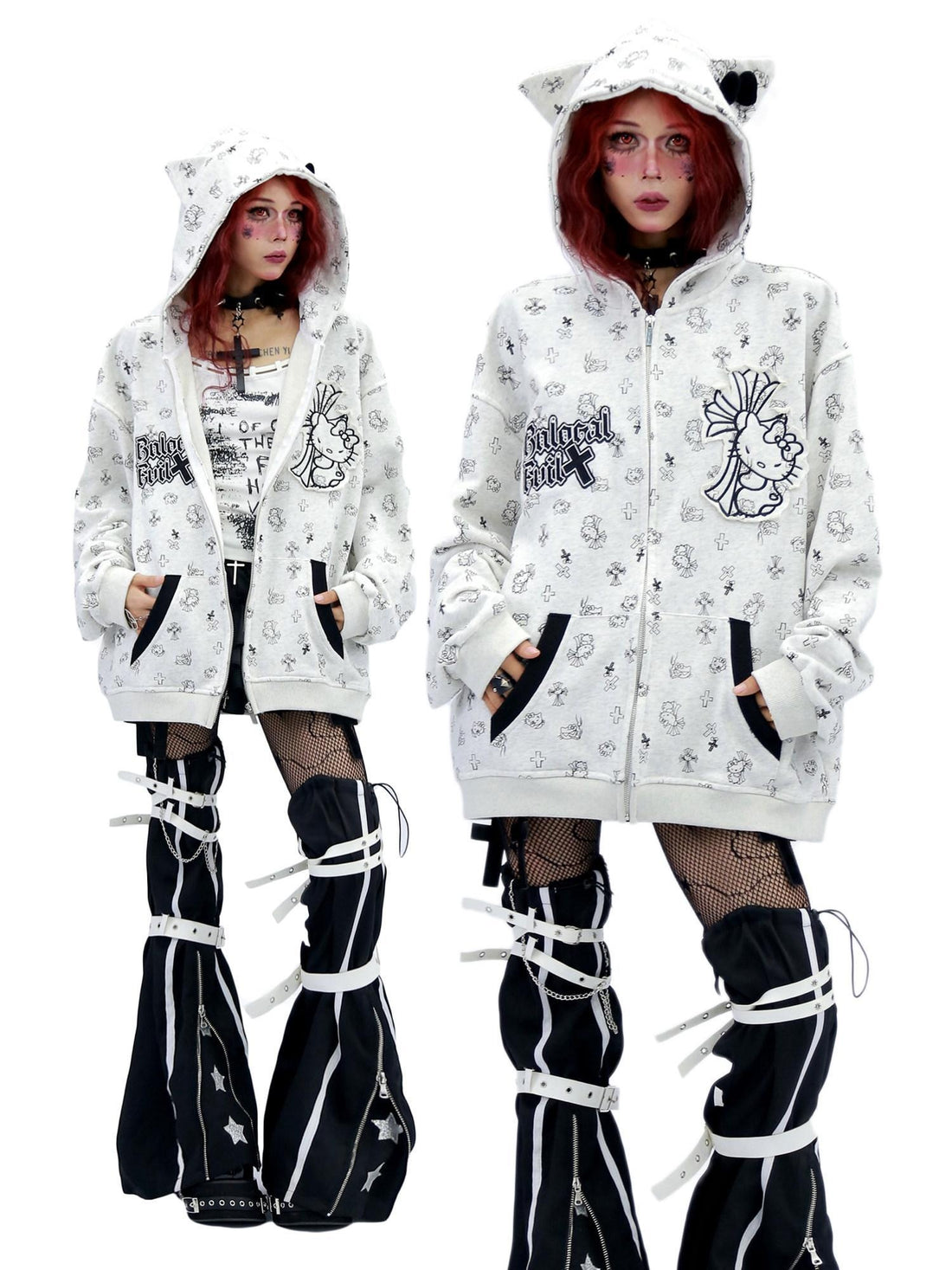 NANAICHILLI Cartoon Anime Graphic Loose Fit Zip Up Hooded Street Style Light Gray Hoodies