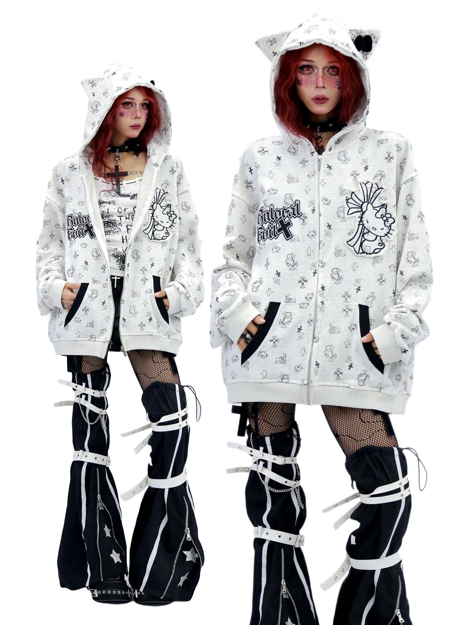 NANAICHILLI Cartoon Anime Graphic Loose Fit Zip Up Hooded Street Style Light Gray Hoodies