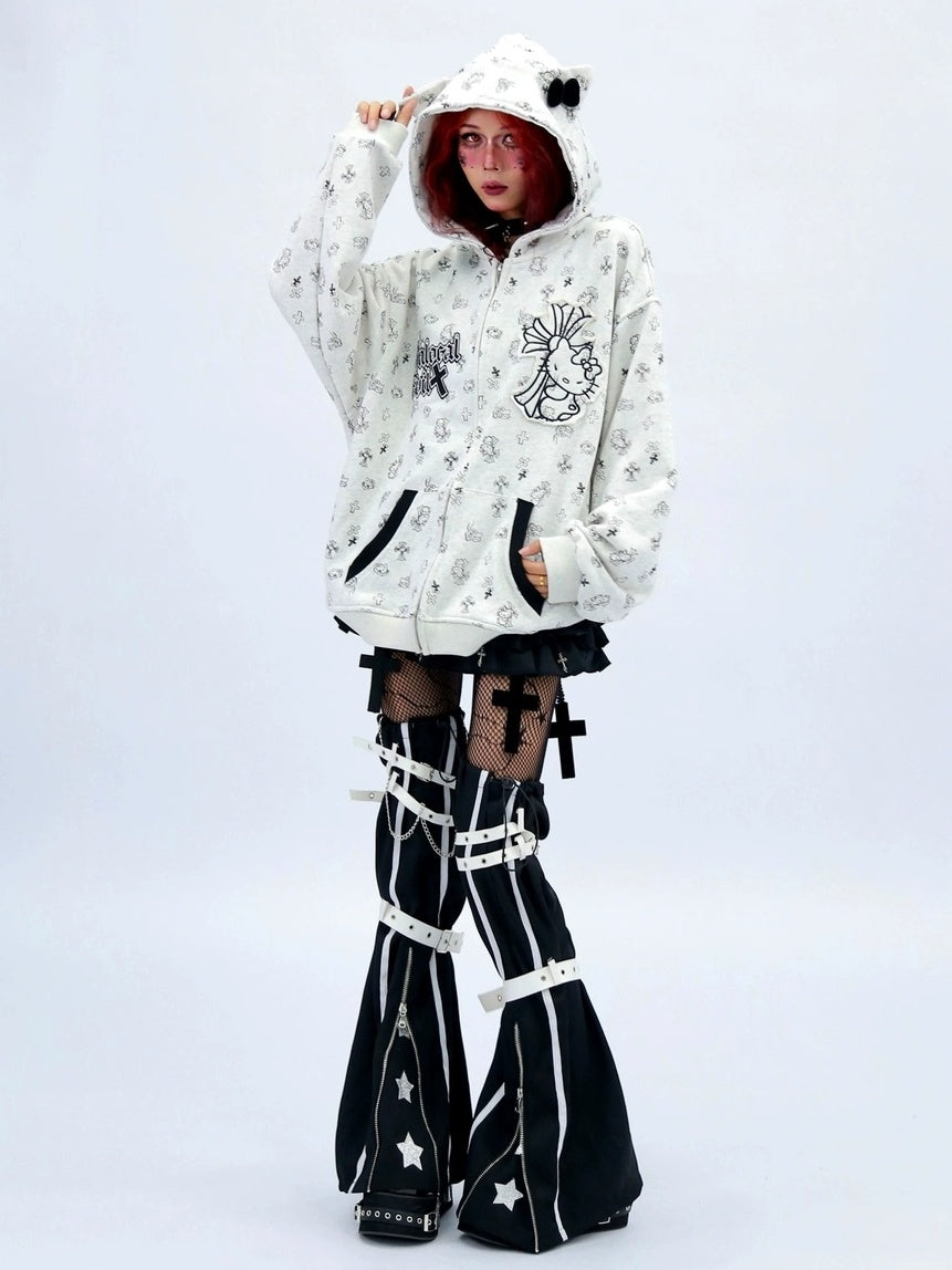 NANAICHILLI Cartoon Anime Graphic Loose Fit Zip Up Hooded Street Style Light Gray Hoodies