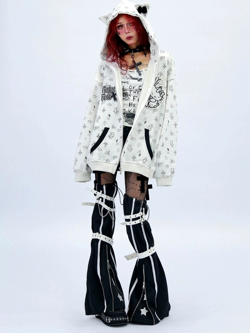 NANAICHILLI Cartoon Anime Graphic Loose Fit Zip Up Hooded Street Style Light Gray Hoodies