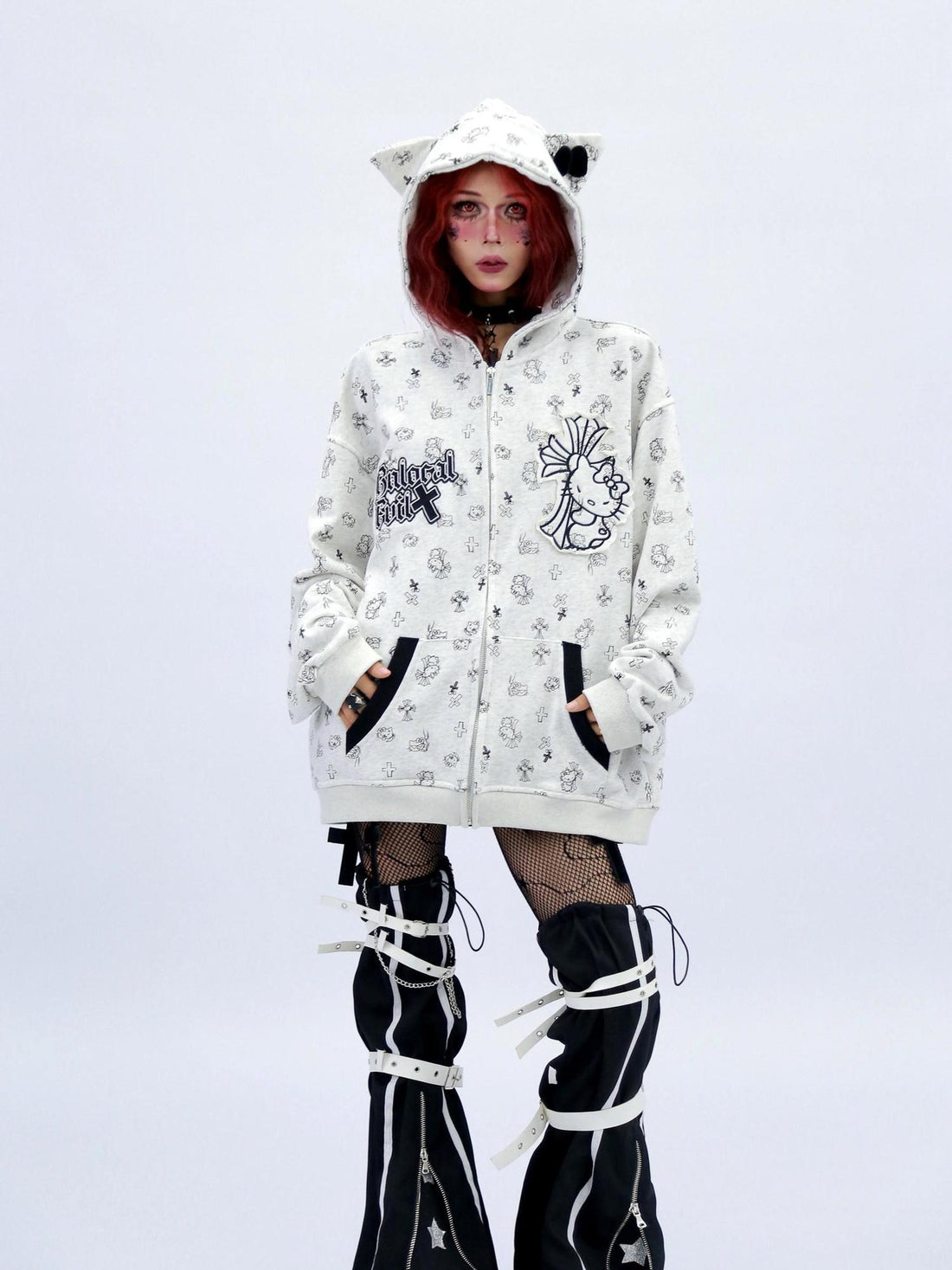 NANAICHILLI Cartoon Anime Graphic Loose Fit Zip Up Hooded Street Style Light Gray Hoodies