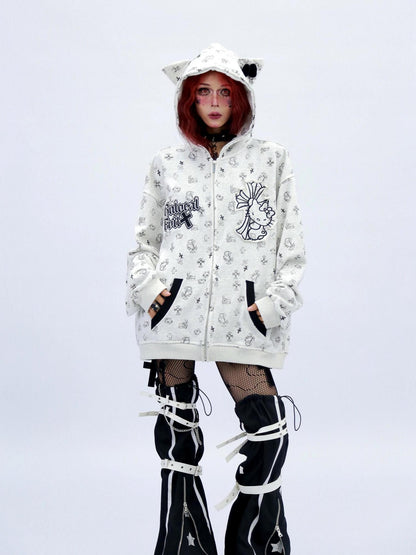 NANAICHILLI Cartoon Anime Graphic Loose Fit Zip Up Hooded Street Style Light Gray Hoodies