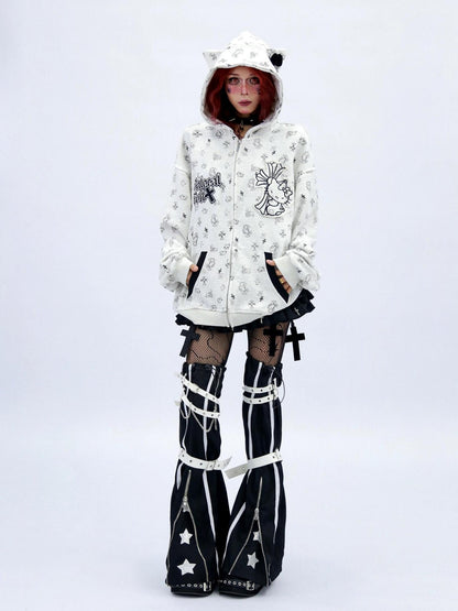 NANAICHILLI Cartoon Anime Graphic Loose Fit Zip Up Hooded Street Style Light Gray Hoodies