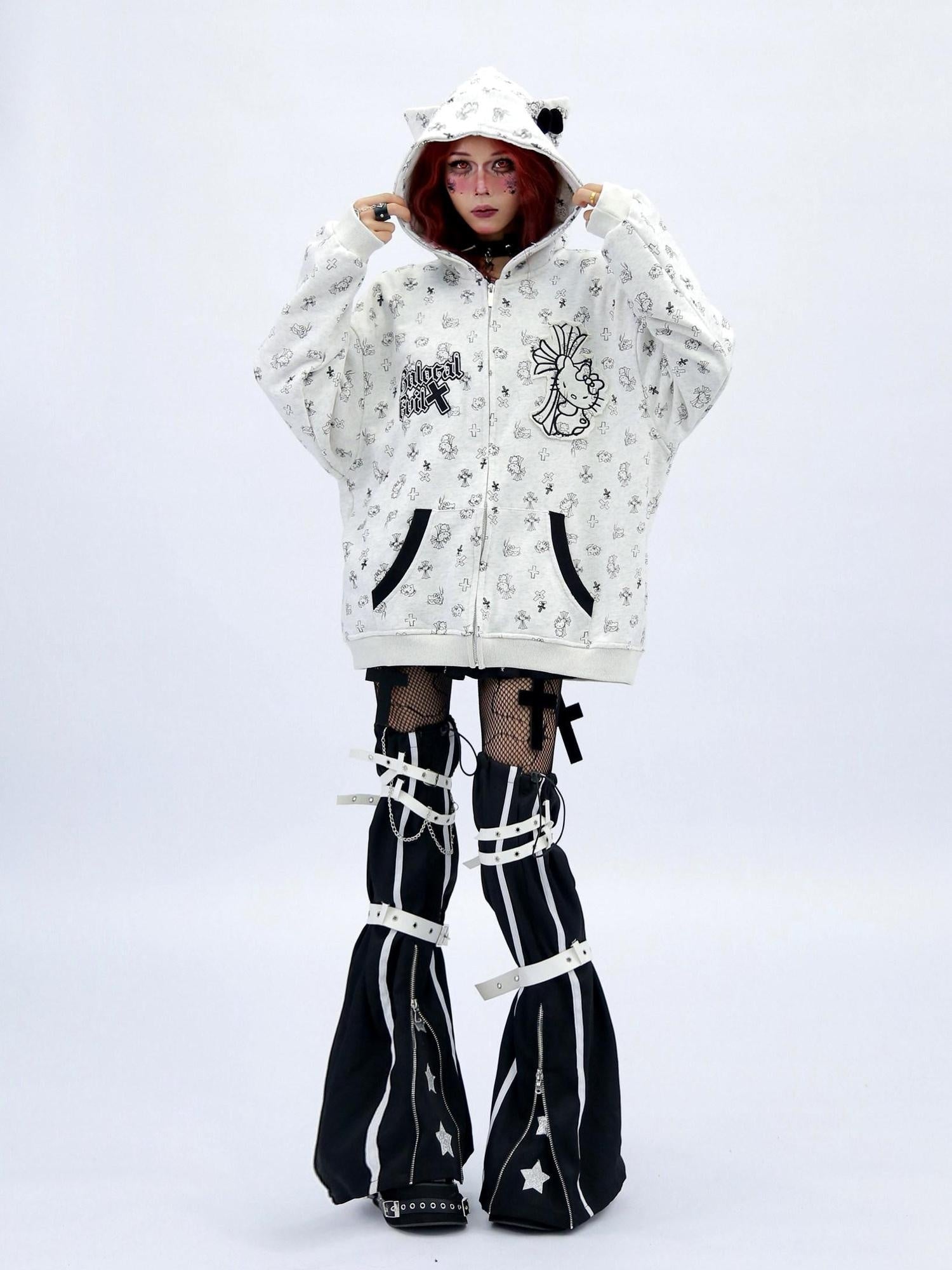 NANAICHILLI Cartoon Anime Graphic Loose Fit Zip Up Hooded Street Style Light Gray Hoodies