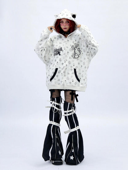 NANAICHILLI Cartoon Anime Graphic Loose Fit Zip Up Hooded Street Style Light Gray Hoodies