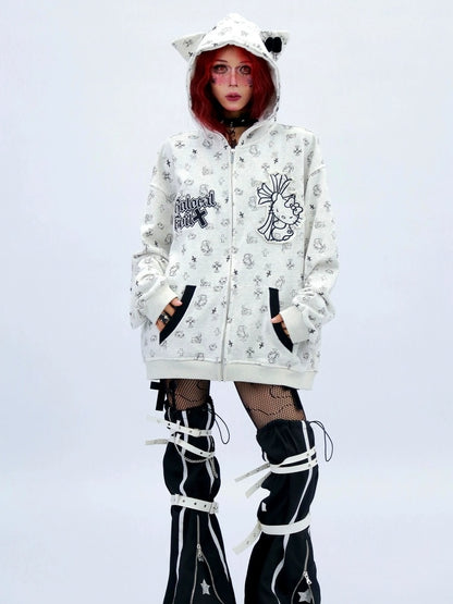 NANAICHILLI Cartoon Anime Graphic Loose Fit Zip Up Hooded Street Style Light Gray Hoodies