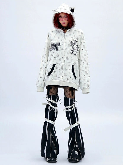 NANAICHILLI Cartoon Anime Graphic Loose Fit Zip Up Hooded Street Style Light Gray Hoodies