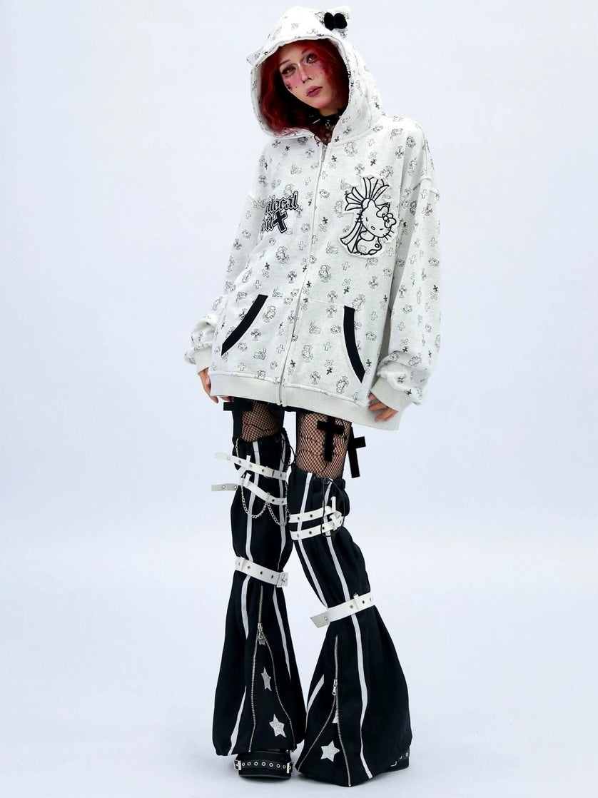 NANAICHILLI Cartoon Anime Graphic Loose Fit Zip Up Hooded Street Style Light Gray Hoodies