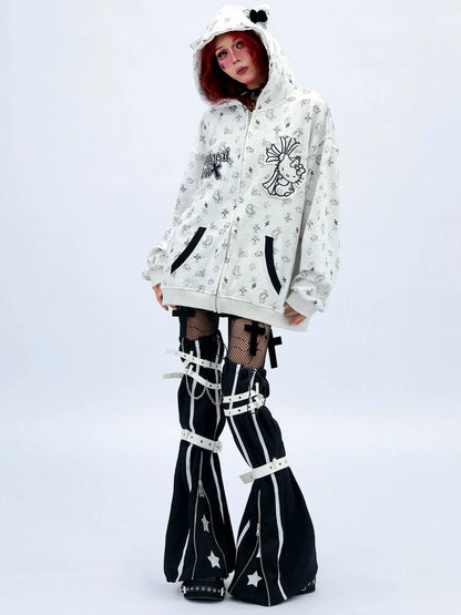 NANAICHILLI Cartoon Anime Graphic Loose Fit Zip Up Hooded Street Style Light Gray Hoodies