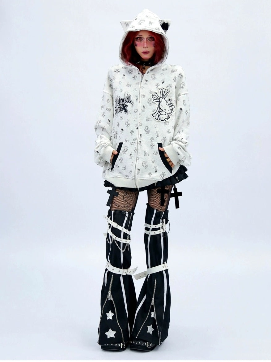 NANAICHILLI Cartoon Anime Graphic Loose Fit Zip Up Hooded Street Style Light Gray Hoodies